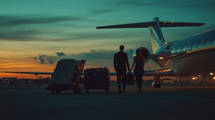Silhouetted couple walking towards a private jet at sunset, suggesting luxury travel.