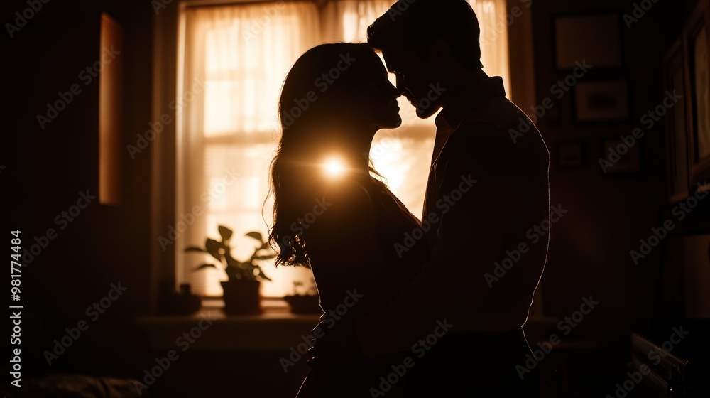 Canvas Prints a romantic silhouette of a couple embracing, with sunlight creating a warm atmosphere.