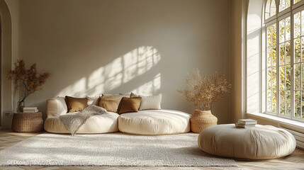 Beige and brown living room with a large sectional couch and large windows.