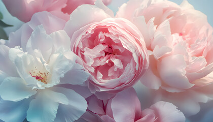 Fototapeta premium Soft, blooming peonies and roses in pastel shades, adding a delicate and feminine touch