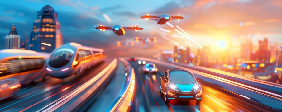 Futuristic transportation system with flying cars, hyperloop networks, and smart city integration, emphasizing innovation and connectivity