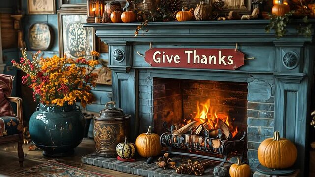 This warm fireplace surrounded by pumpkins and autumn flowers reflects gratitude and comfort.