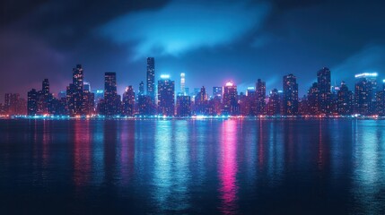 Fototapeta premium A vibrant city skyline at night, reflecting colorful lights on the water.