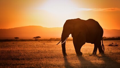 Naklejka premium A majestic elephant strolls across the African savanna at sunset, with warm golden light illuminating the vast landscape.