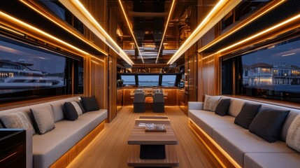 Fototapeta premium Luxurious yacht interior with modern design and ambient lighting.
