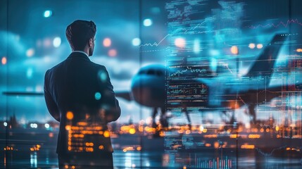 A businessman observes an airport scene with digital data overlays, symbolizing analysis and strategy.