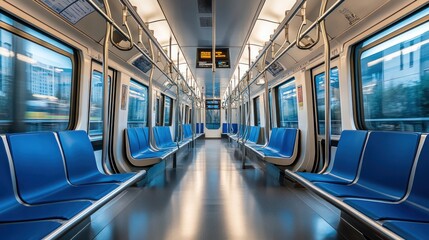 Obraz premium An empty subway train interior with blue seats and bright lighting.