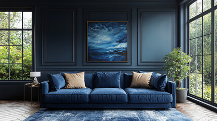Fototapeta premium Blue velvet sofa in a modern living room.