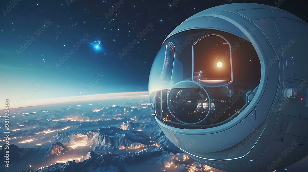 Poster futuristic spacecraft orbits a distant planet, with a view of the planet's surface and the vast expa