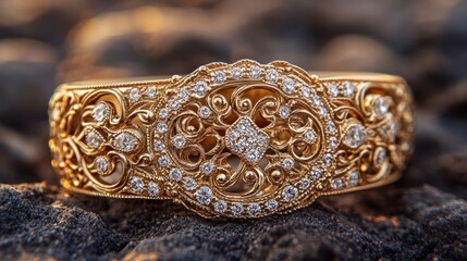 Obraz premium A beautifully crafted gold bracelet adorned with intricate designs and sparkling diamonds.