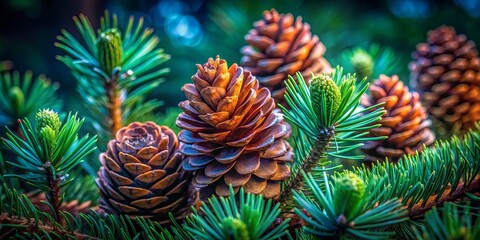 Fototapeta premium Beautiful sugar pine cones nestled among green pine needles in a serene forest setting