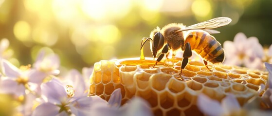 A photorealistic image of honey dripping from the stinger tip, showcasing its natural texture and color. The bee is perched on top of an oversized piece of fresh honeycomb with delicate flowers