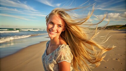 Naklejka premium Blonde hair sways gently in ocean breeze as the young woman's smiling face basks in the warm sunlight
