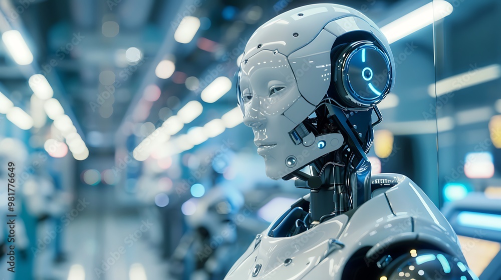 Poster white humanoid robot with a sleek futuristic design stands in a modern factory environment with blue