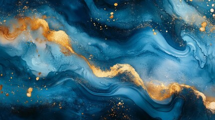 Abstract Blue and Gold Swirling Liquid Art