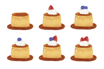 Vanilla Pudding with caramel on top, family dessert, vector, water color vector.