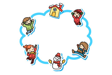 子供　ジャンプ　冬　雪　フレーム　冬服