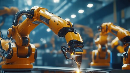 Fototapeta premium Robotic Welding Arms in an Automated Manufacturing Line