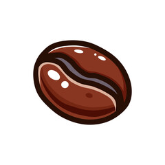 Cartoon style coffee bean illustration in dark brown with reflective highlights, creating a smooth and glossy texture. Ideal for use in coffee shop branding and product packaging