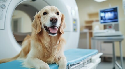 Adorable golden retriever waiting for mri scan - pet health care concept for veterinary clinics