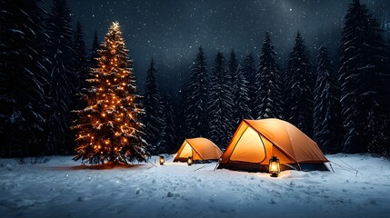 Magical Winter Campsite with a Glowing Christmas Tree Surrounded by Enchanting Pine Trees. Christmas and Outdoor Camping Concept