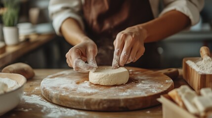 Artisanal bread shaping by hands on floured wooden board for rustic kitchen decor or culinary inspiration