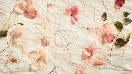 Dried flowers and leaves on textured paper.