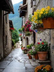 Charming italian alleyway with colorful flower pots and rustic stone walls for spring decor