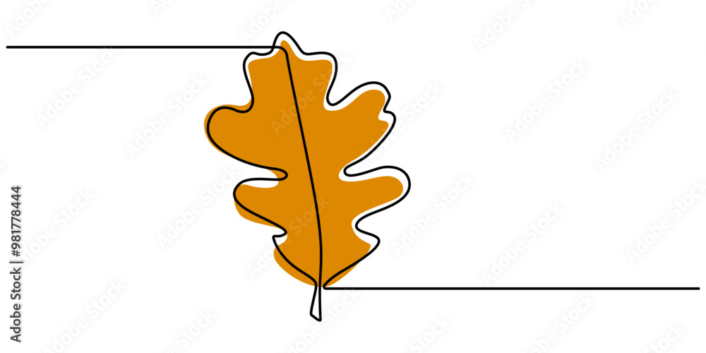 Poster oak leaf continuous line drawing with editable stroke, continuous line drawing of colored autumn lea