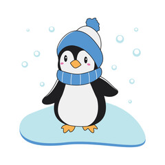 Cute Penguin Animal Cartoon Character Wearing Hat Scarf Warm Clothes Standing on Polar Ice