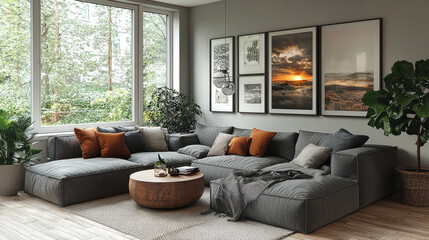 Fototapeta premium Modern living room with a large gray sectional sofa, a wooden coffee table, and large framed prints.