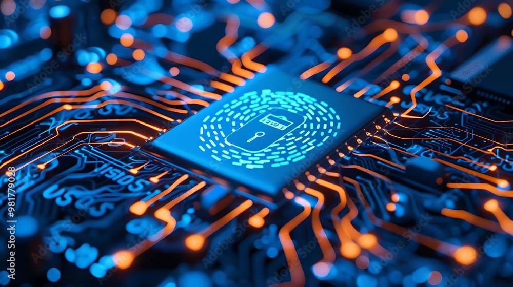 Aufkleber close-up of a circuit board with a glowing symbol representing digital security.