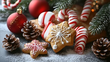 Celebrating winter holidays  emblems of christmas and new year with candy, cookies, and pine cones