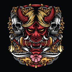 Fototapeta premium demon red oni mask with skull