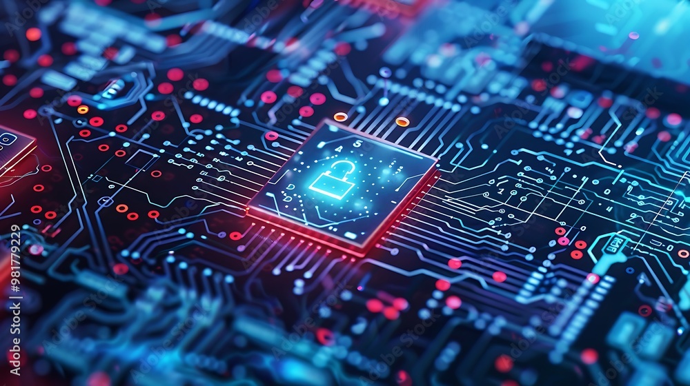 Poster close-up view of a circuit board with a glowing padlock icon, representing the concept of cybersecur