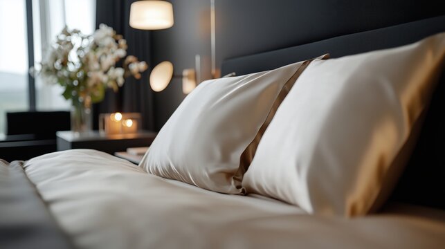 Elegant and luxurious silk satin bed sheets in neutral tones for modern bedroom decor