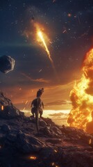 Fototapeta premium Cosmic Explosion in Alien Landscape with Planetary Debris and Celestial Phenomenon