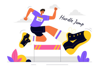 Vector Illustration of an Athlete Running Hurdles and Performing a Long Jump in a Sports Competition with an Obstacle Race in a Flat Background