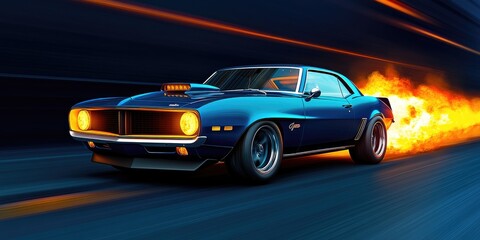 Naklejka premium Muscle Car Accelerating with Flames Erupting from the Engine – Power and Speed Unleashed