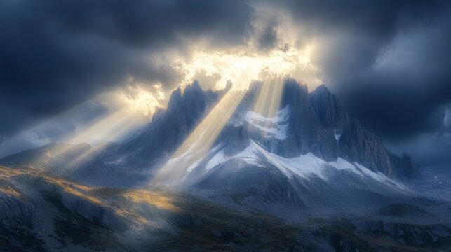 Sunbeams Illuminating a Snowy Mountain Peak through Dramatic Clouds - Powered by Adobe