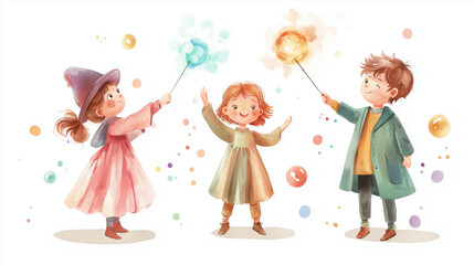 Playful children creating colorful magic with wands, surrounded by bubbles and sparkles, evoking joy and imagination.