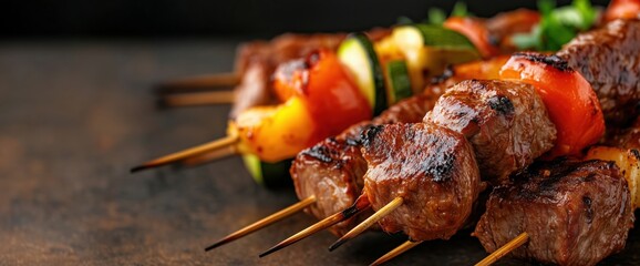 Grilled barbecue skewers with juicy meat and vegetables for summer feasts and outdoor gatherings