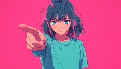 A cute girl with short hair and blue eyes, wearing an oversized teal t-shirt and playfully pointing at the viewer in an anime style, set against a pink background with a lo-fi art aesthetic.