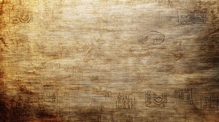 Grunge brown woven texture background with faded stamps.