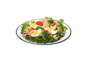PNG salad with tuna in a ceramic plate, isolated on white background.