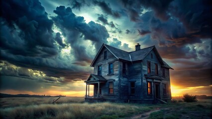 Eerie silhouette of a dilapidated house against a stormy dusk sky, conjuring tales of ghostly encounters and chilling
