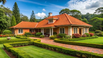 Earthen dwelling adorned with crimson tiles and snow-white accents, complemented by a precision-crafted lawn and