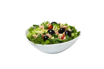 PNG salad with tuna in a ceramic plate, isolated on white background.