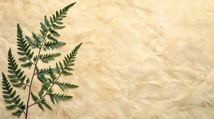 Green fern leaves on crumpled parchment paper background with copy space.
