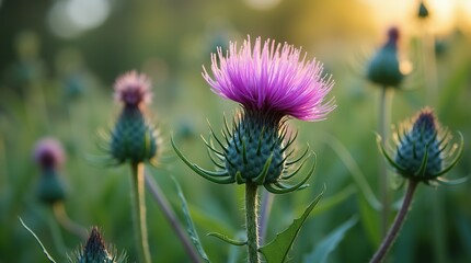 Close-up of milk thistle in a sunlit field